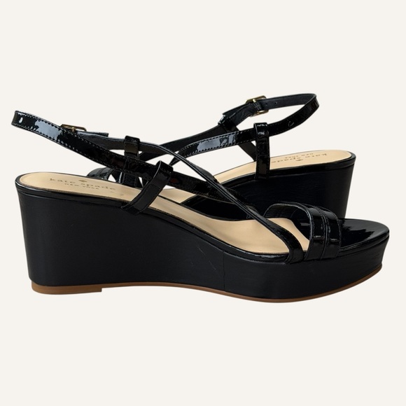 Kate Spade Glossy Black Strappy Wedge Patent Leather Sandals Size 8 - Picture 7 of 9